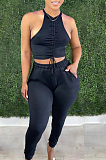 Euramercan Fashion Pure Color Shirred Detail Vest Long Pants Two-Piece DN8617