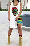 Lips Printing Vest Loose Tops Shorts Sets QQM4285