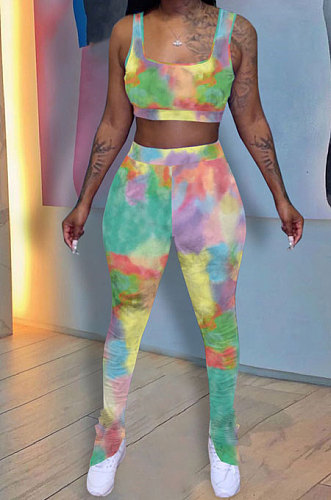 Tie Dye Printing Vest Ruffle Opne Fork Long Pants Sets QQM4293