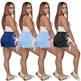 Criss-Cross Details Denim Casual Jeans Shorts XQ1117