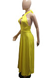 Pure Color Trendy Bandage Open Fork Backless Long Dress BLE2375