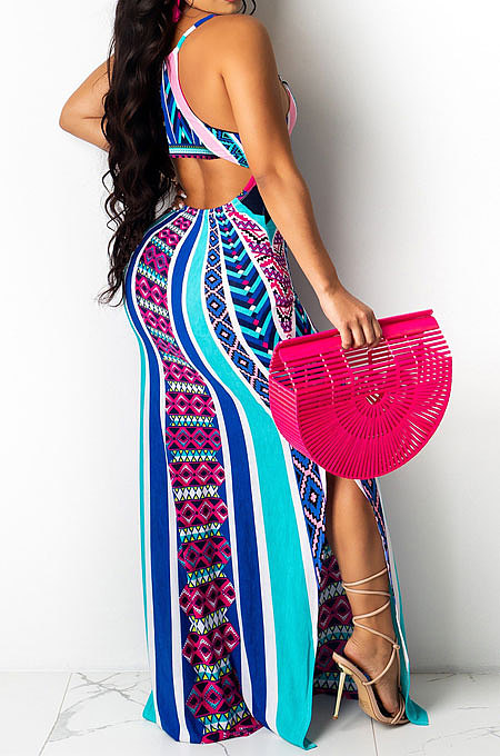 Women Positioning Printing Condole Belt Backless Long Dress QQM4287