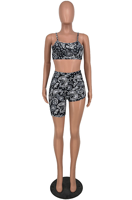 Fashion Cashew Fjower Pattern Sling Vest Long Short Pant Sets HY5226