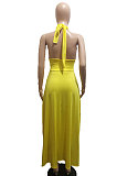 Pure Color Trendy Bandage Open Fork Backless Long Dress BLE2375