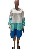 Fashionable Long Sleeves Colorful Patchwork Spring Round Neck Dresses ODF5295