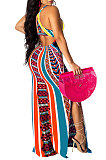 Women Positioning Printing Condole Belt Backless Long Dress QQM4287