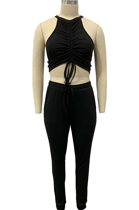Euramercan Fashion Pure Color Shirred Detail Vest Long Pants Two-Piece DN8617