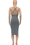 Fashion Casual Pure Color Condole Belt Backless Midi Dress GLS8167