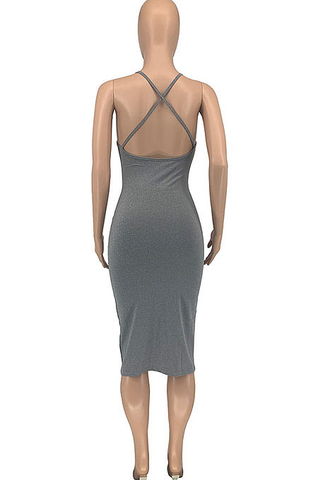 Fashion Casual Pure Color Condole Belt Backless Midi Dress GLS8167