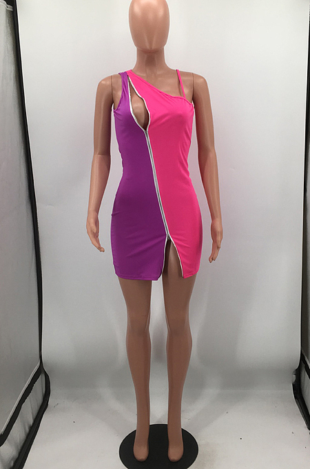 Color Matching Double Zipper Night Club Dress HH8977