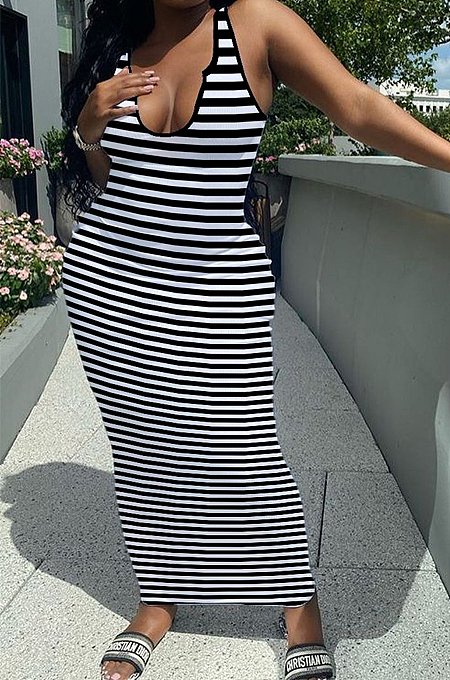 Sexy Deep V Stripe Printing Vest Long Dress HY5228 
