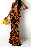 Leopard Printing Chest Wrap Backless Fishtail Skirt Sets QQM4289
