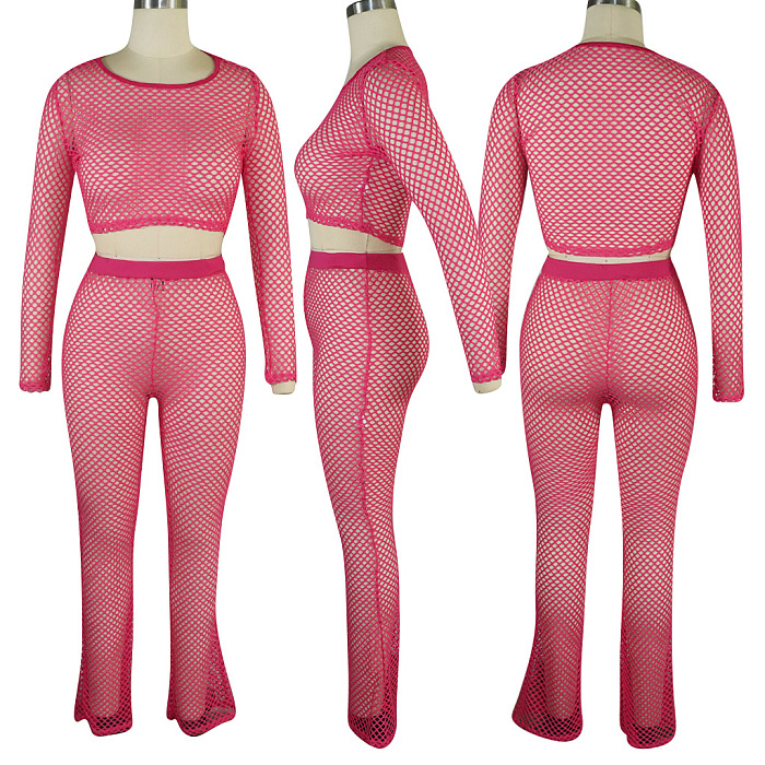 Women Perspective Pure Color Net Hole Long Pants Two-Pieces QQM4292