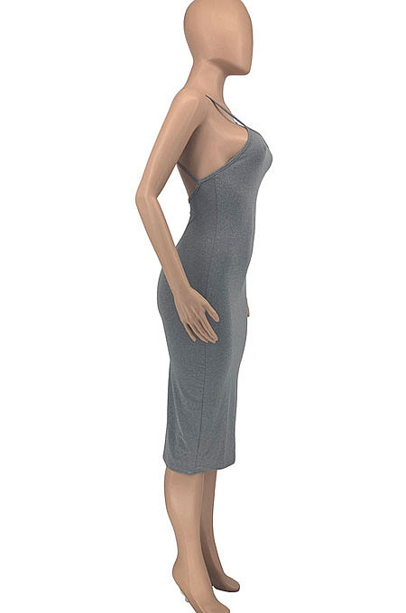 Fashion Casual Pure Color Condole Belt Backless Midi Dress GLS8167