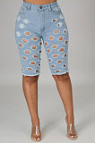 Hole Washed Jeans Mid Waist Casual Denim Half Pants YYZ860