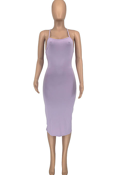 Fashion Casual Pure Color Condole Belt Backless Midi Dress GLS8167