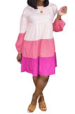 Fashionable Long Sleeves Colorful Patchwork Spring Round Neck Dresses ODF5295