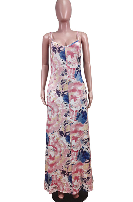 Euramerican Printed Loose Condole Belt Long Dress With Pocket WY6804