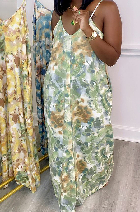 Euramerican Printed Loose Condole Belt Long Dress With Pocket WY6804