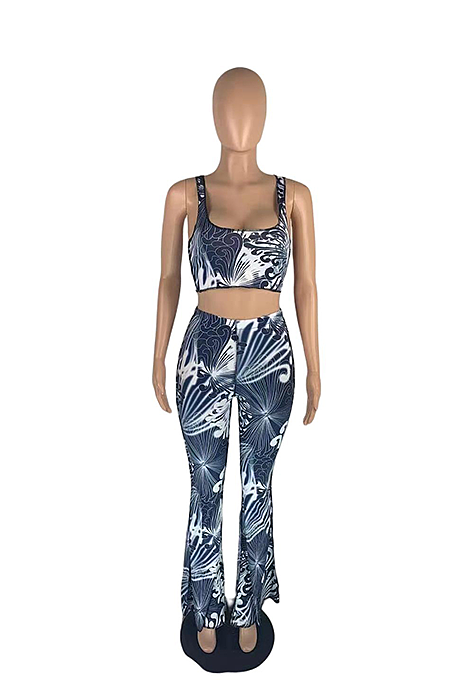 Summer Casual Chic Flared Print Vest Pants Suits AB6653