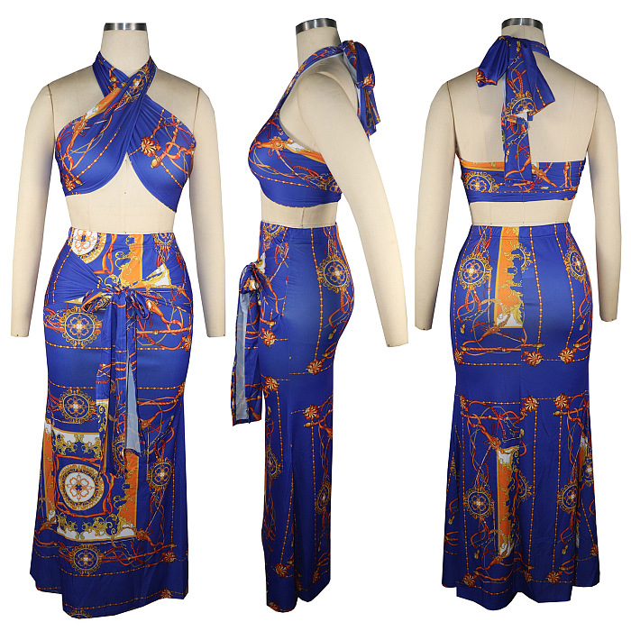 Leopard Printing Chest Wrap Backless Fishtail Skirt Sets QQM4289
