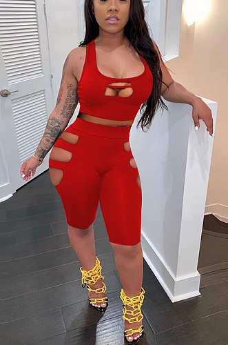 Casual Fashion Ripped Pure Color Sleeveless Shorts Sets NL6065