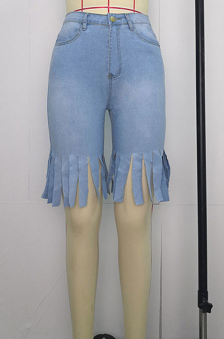 Casual Long Tassels Denim High Waisted Slim Jeans Shorts WE9041