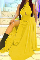 Pure Color Trendy Bandage Open Fork Backless Long Dress BLE2375
