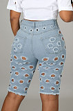 Hole Washed Jeans Mid Waist Casual Denim Half Pants YYZ860
