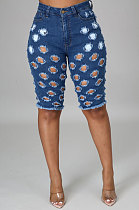 Hole Washed Jeans Mid Waist Casual Denim Half Pants YYZ860