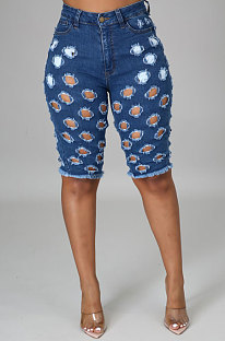 Hole Washed Jeans Mid Waist Casual Denim Half Pants YYZ860