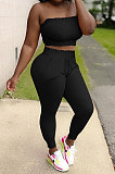 Women Shirred Detail Chest Wrap Pure Color Sport Casual Pants Sets NK249