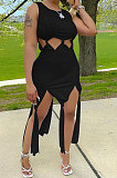 Pure Color Women Tassel Sleeveless Long Dress ALF9001