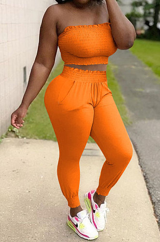 Women Shirred Detail Chest Wrap Pure Color Sport Casual Pants Sets NK249