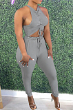 Euramercan Fashion Pure Color Shirred Detail Vest Long Pants Two-Piece DN8617