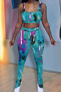 Tie Dye Printing Vest Ruffle Opne Fork Long Pants Sets QQM4293