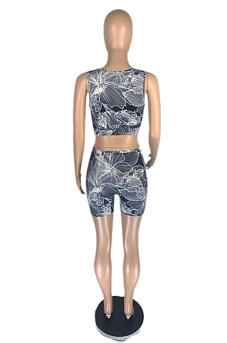 Sexy Summer Round Neck Print Casual Shorts Sets AB6649