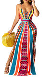 Women Positioning Printing Condole Belt Backless Long Dress QQM4287