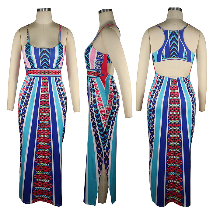 Women Positioning Printing Condole Belt Backless Long Dress QQM4287