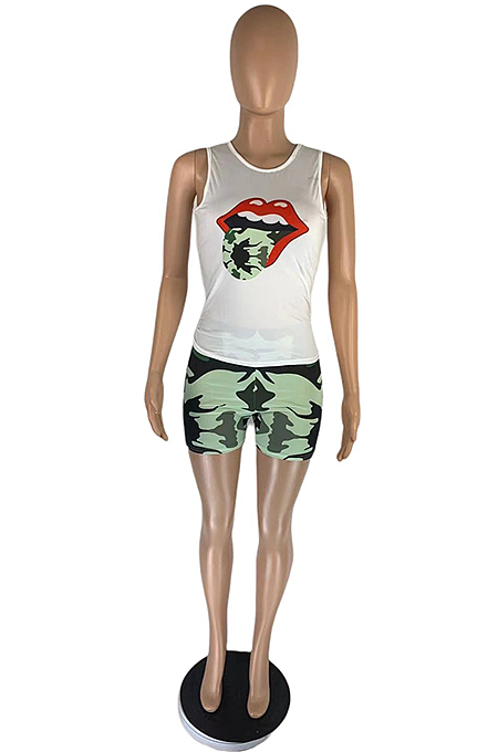 Summer Sexy Lip Print Casual Vest Shorts Sets AB6642
