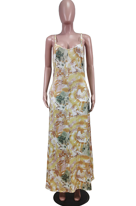 Euramerican Printed Loose Condole Belt Long Dress With Pocket WY6804