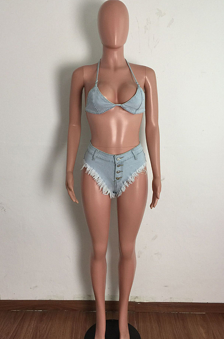 WHOLESALE| Sexy Bikini Tassel Bandage Women Summer Denim Sets LA3282