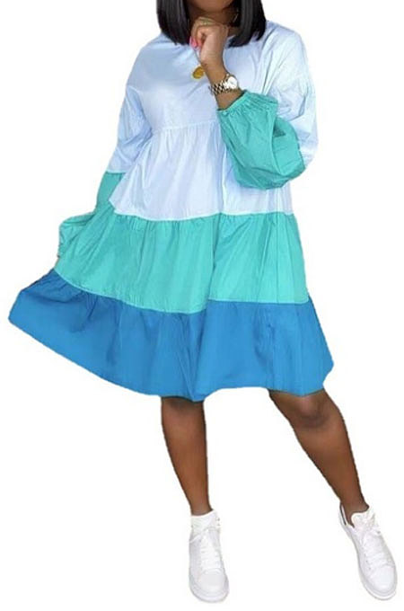 Fashionable Long Sleeves Colorful Patchwork Spring Round Neck Dresses ODF5295