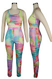 Tie Dye Printing Vest Ruffle Opne Fork Long Pants Sets QQM4293