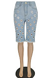 Hole Washed Jeans Mid Waist Casual Denim Half Pants YYZ860