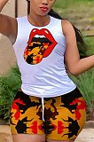 Summer Sexy Lip Print Casual Vest Shorts Sets AB6642