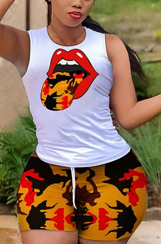 Summer Sexy Lip Print Casual Vest Shorts Sets AB6642