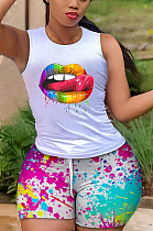 Summer Sexy Lip Print Casual Vest Shorts Sets AB6642