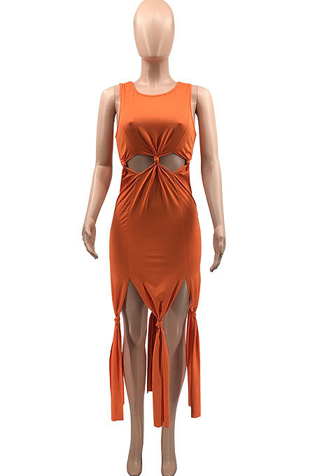 Pure Color Women Tassel Sleeveless Long Dress ALF9001