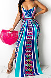 Women Positioning Printing Condole Belt Backless Long Dress QQM4287